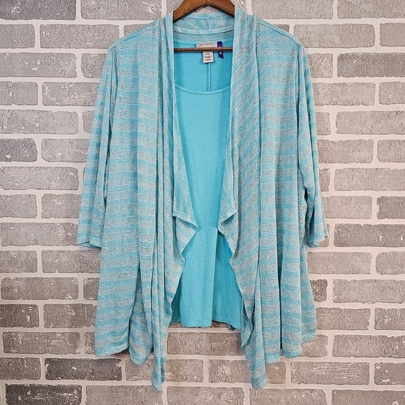 Catherines Cardigan Top Combo Women's 2XWP Teal White Striped Open‎ Front Soft - Picture 1 of 8
